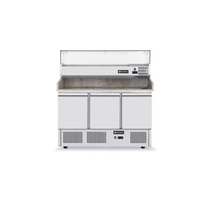 Masa frigorifica cu 3 usi, pentru pizza, cu vitrina ingrediente cu 6 tavi GN 1/4, 270+170 W, ARKTIC by Hendi, 140x70x(H)144.5 cm