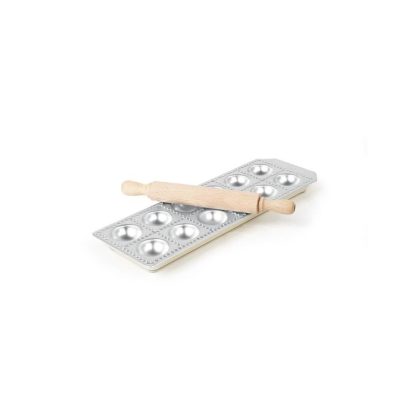 Forma ravioli, aluminiu, 12 forme, picioare antialunecare din cauciuc, sucitor din lemn inclus, diametru 39 mm Hendi, 114x335x22 mm