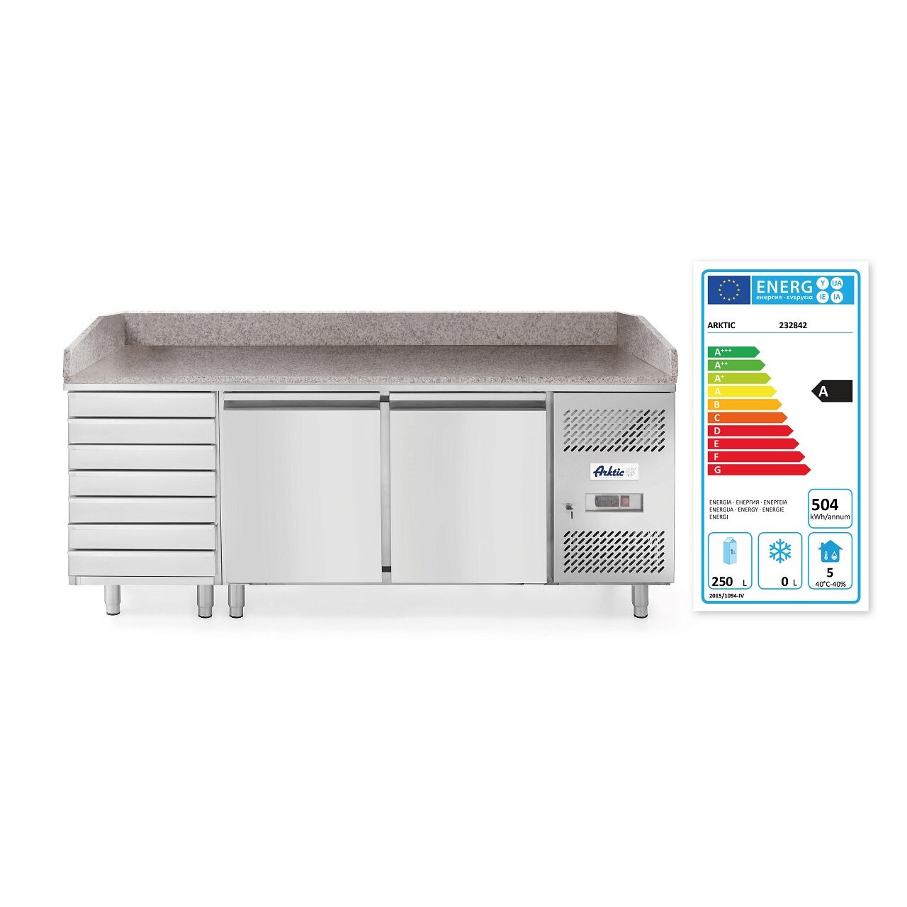 Masa pizza profesionala, cu 2 usi 7 sertare 280 L inox, ARKTIC by Hendi interval temperatura -2/+8 gr C 250 W 2020x800x(H)875 mm - Image 3