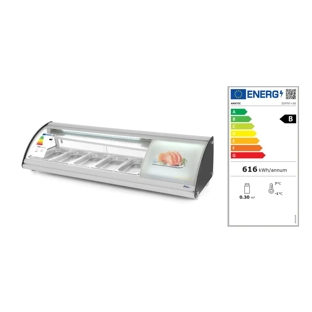 Vitrina sushi, 63 lt, pt 5 tavi GN1/3, interval temp 0-6 gr C, 160 W, geamuri glisante, corp inox, ARKTIC by Hendi, 1307x450x(H)330 mm - Image 10